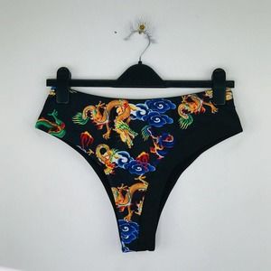 Romwe Women's Large Bikini Bottoms Black Chinese Dragon High Cut Brief NWOT J35